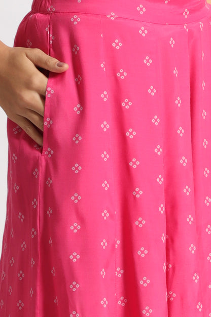 Pink Bandhani Printed Chiffon Gillet, Spaghetti Crop Top and Flared Culottes Set