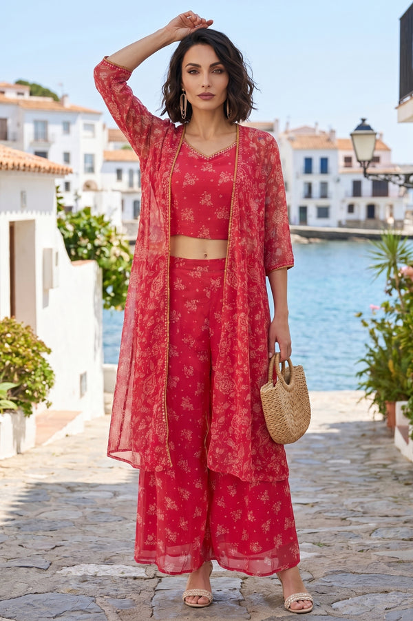 Pink Bandhani Printed Chiffon Gillet, Spaghetti Crop Top and Flared Culottes Set