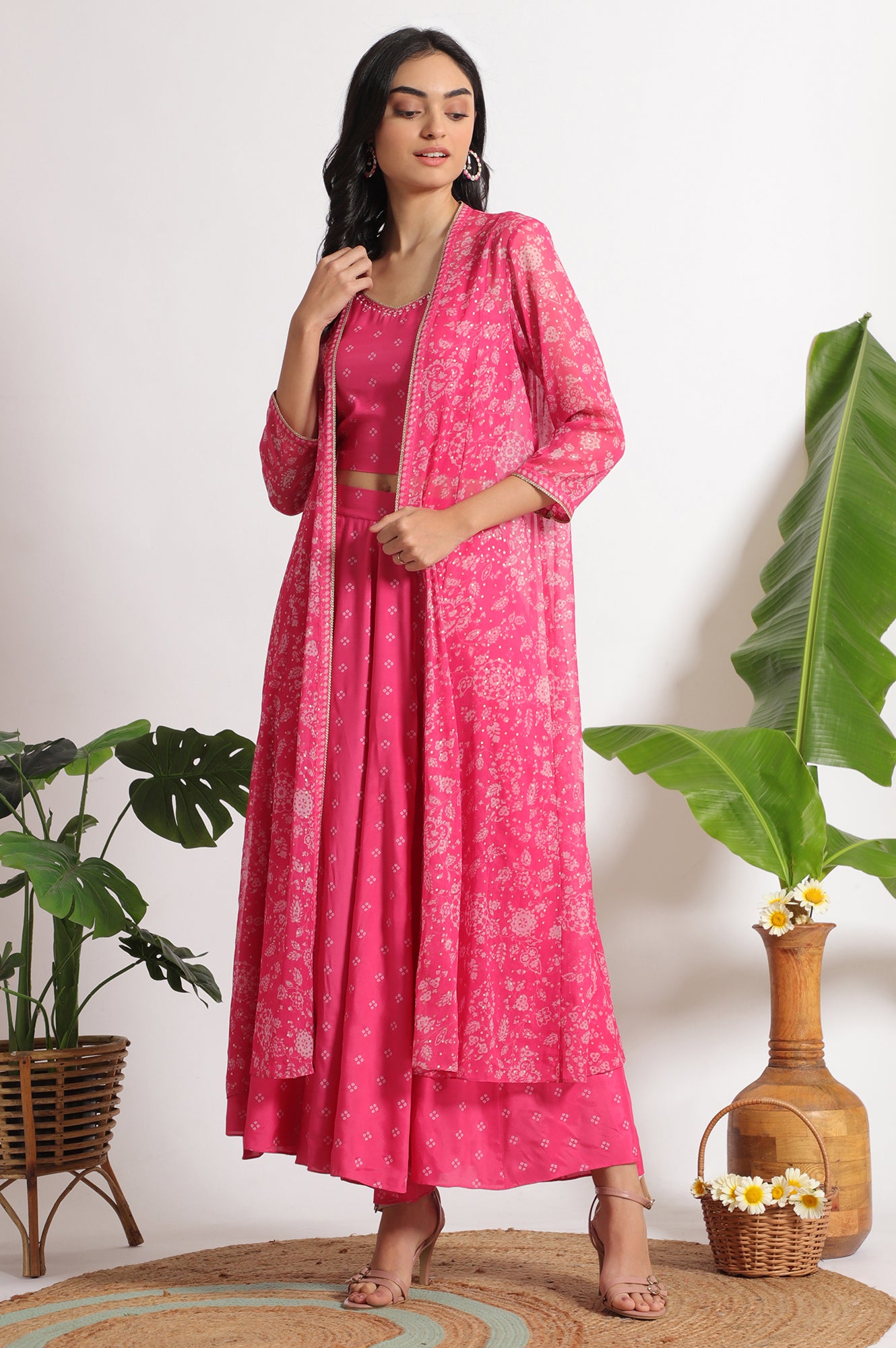 Pink Bandhani Printed Chiffon Gillet, Spaghetti Crop Top and Flared Culottes Set
