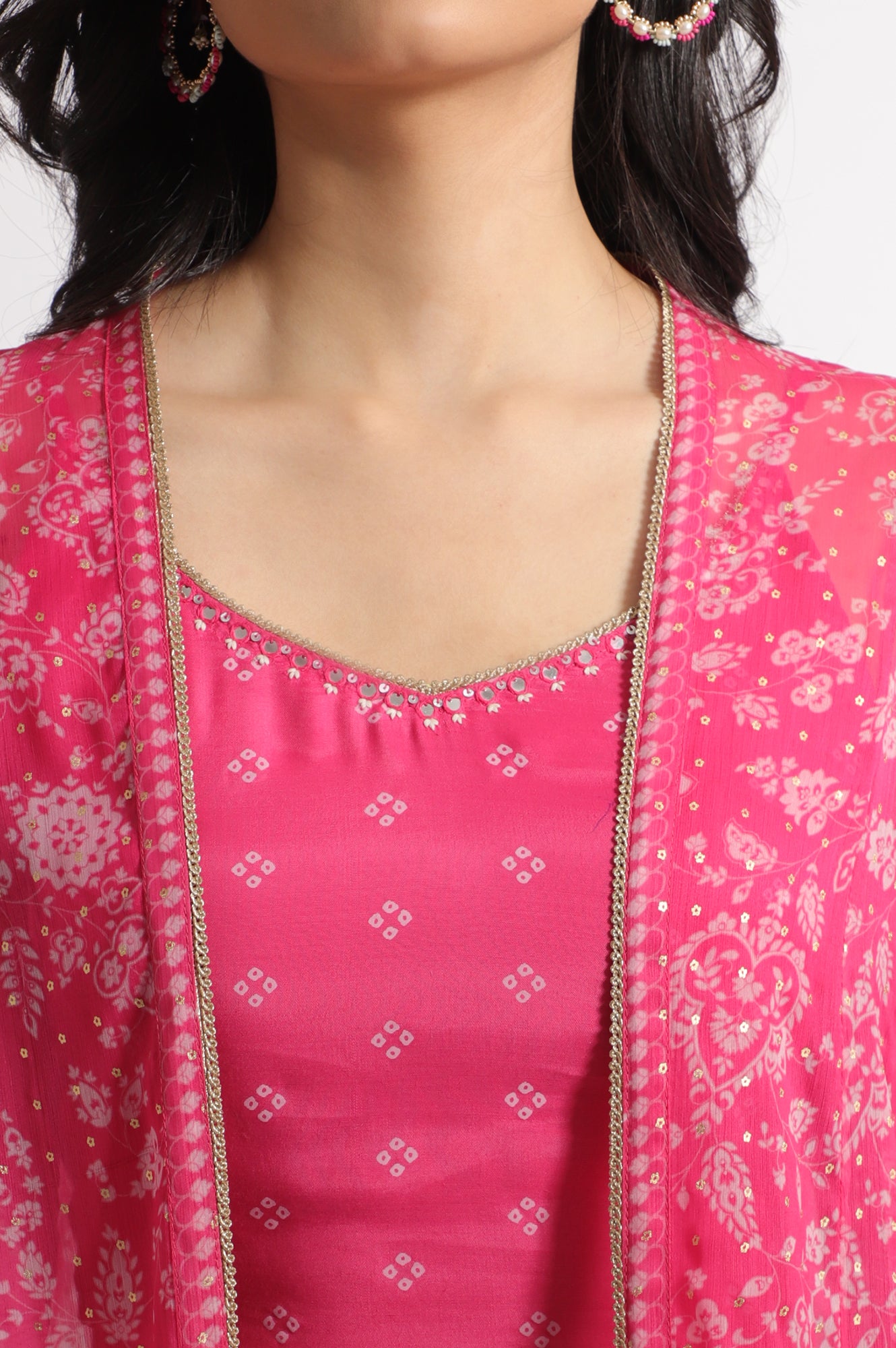 Pink Bandhani Printed Chiffon Gillet, Spaghetti Crop Top and Flared Culottes Set