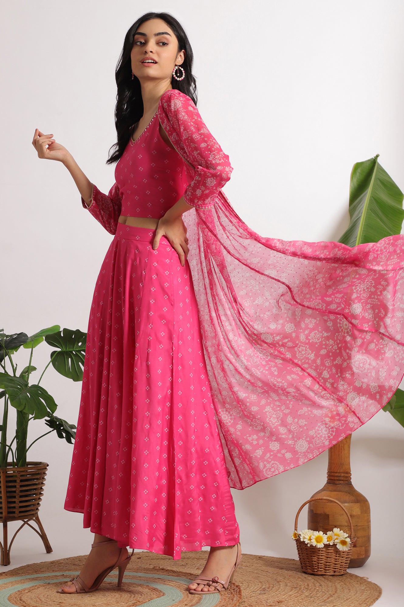 Pink Bandhani Printed Chiffon Gillet, Spaghetti Crop Top and Flared Culottes Set