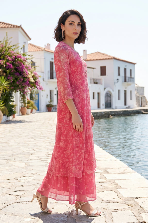 Pink Bandhani Printed Chiffon Gillet, Spaghetti Crop Top and Flared Culottes Set