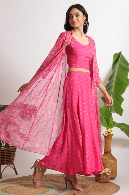 Pink Bandhani Printed Chiffon Gillet, Spaghetti Crop Top and Flared Culottes Set