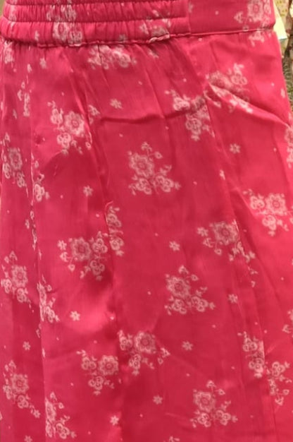 Pink Bandhani Printed Chiffon Gillet, Spaghetti Crop Top and Flared Culottes Set