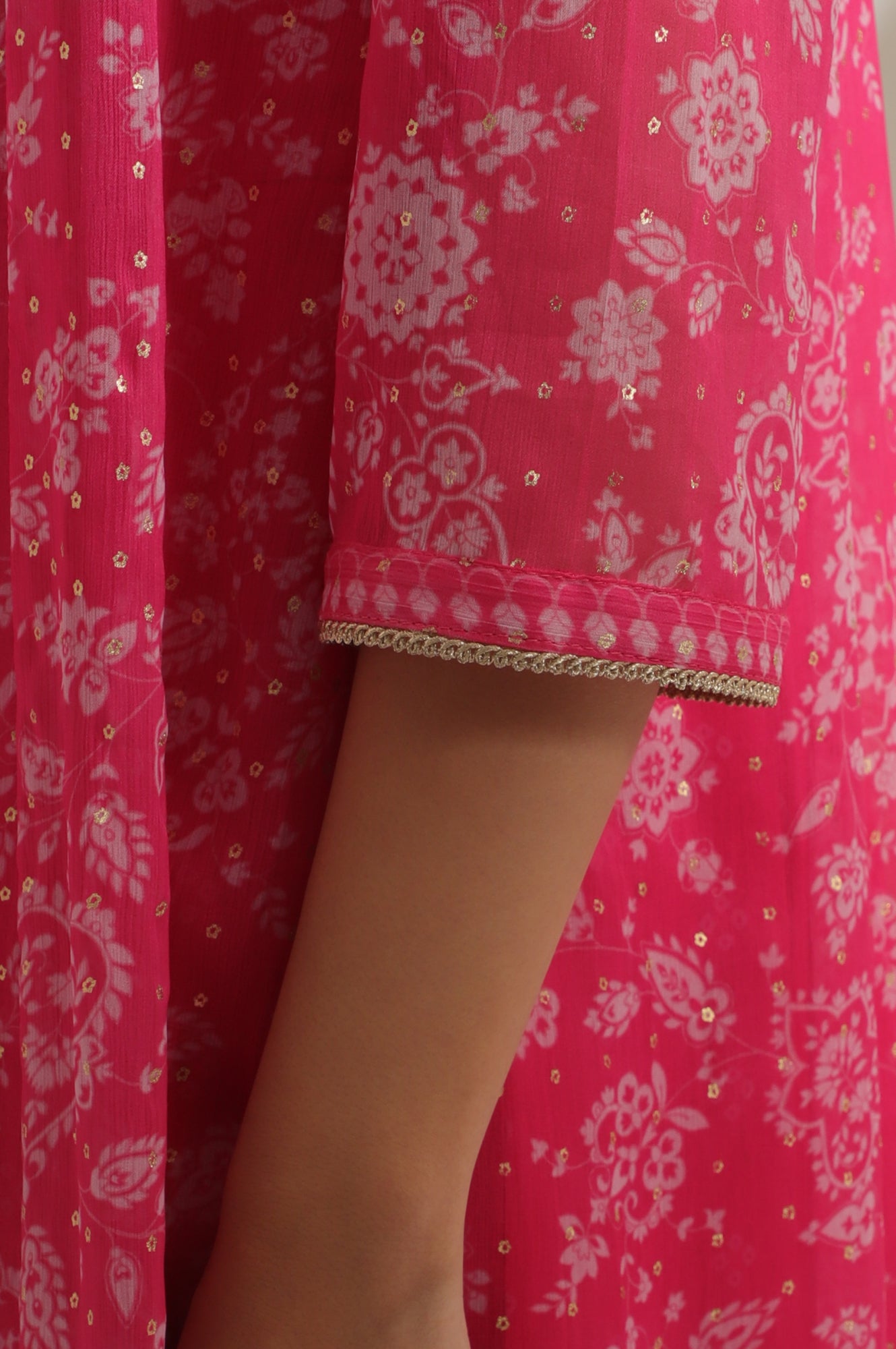 Pink Bandhani Printed Chiffon Gillet, Spaghetti Crop Top and Flared Culottes Set