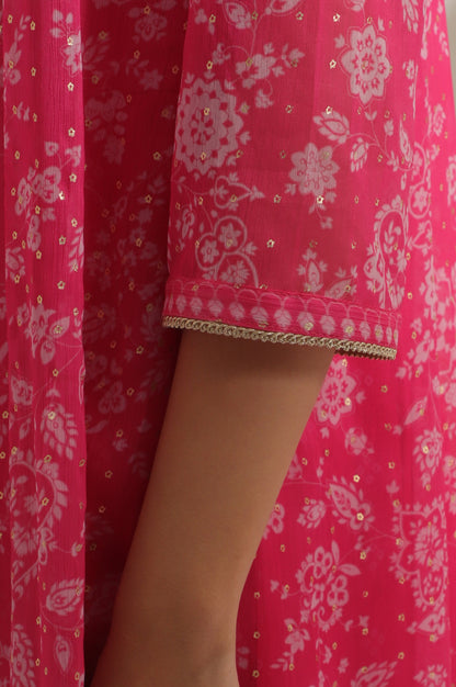 Pink Bandhani Printed Chiffon Gillet, Spaghetti Crop Top and Flared Culottes Set