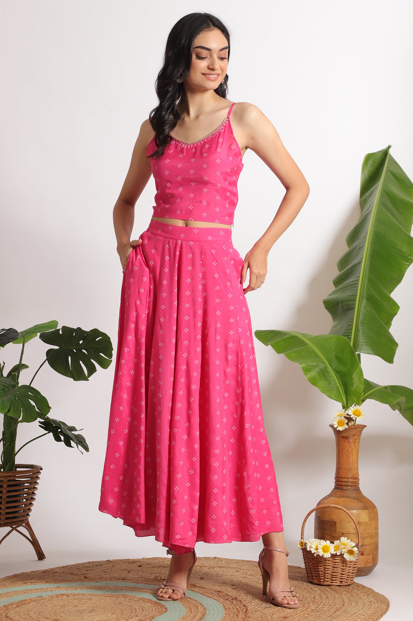 Pink Bandhani Printed Chiffon Gillet, Spaghetti Crop Top and Flared Culottes Set