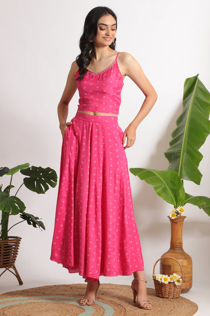 Pink Bandhani Printed Chiffon Gillet, Spaghetti Crop Top and Flared Culottes Set