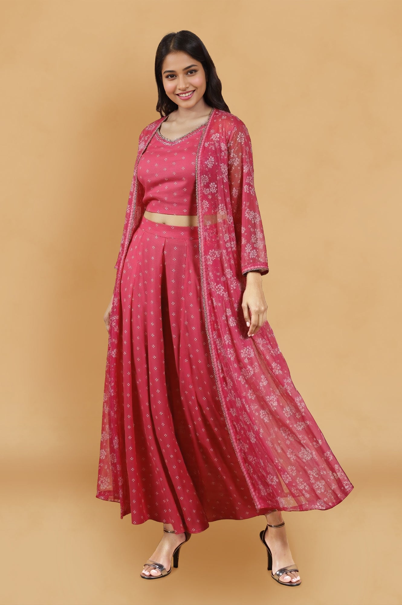 Pink Bandhani Printed Chiffon Gillet, Spaghetti Crop Top and Flared Culottes Set