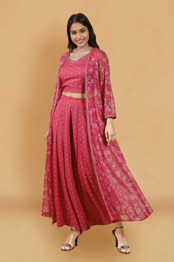 Pink Bandhani Printed Chiffon Gillet, Spaghetti Crop Top and Flared Culottes Set