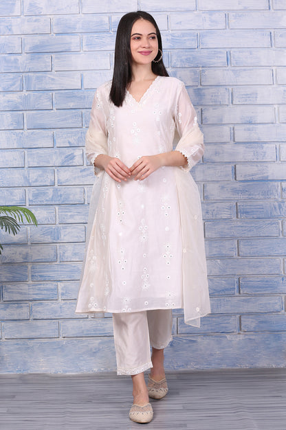 Cream Mirror Work Embroidered Chanderi Flared Kurta, Pants and Dupatta Set