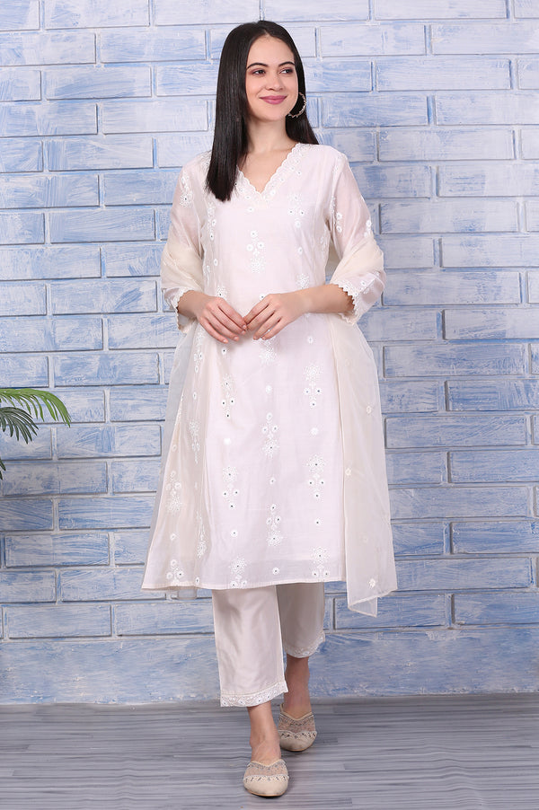 Cream Mirror Work Embroidered Chanderi Flared Kurta, Pants and Dupatta Set