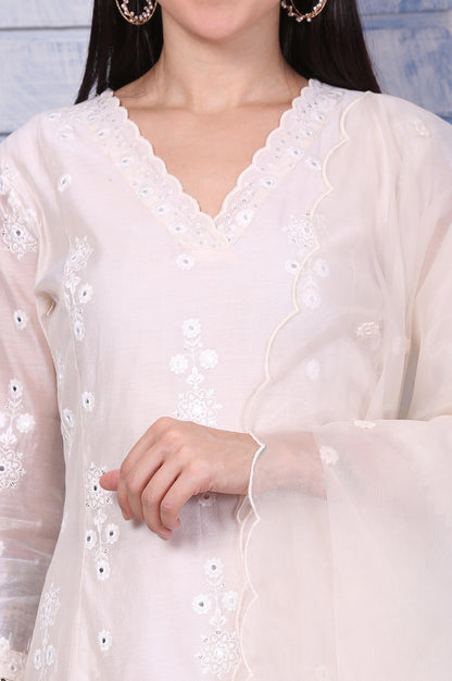Cream Mirror Work Embroidered Chanderi Flared Kurta, Pants and Dupatta Set