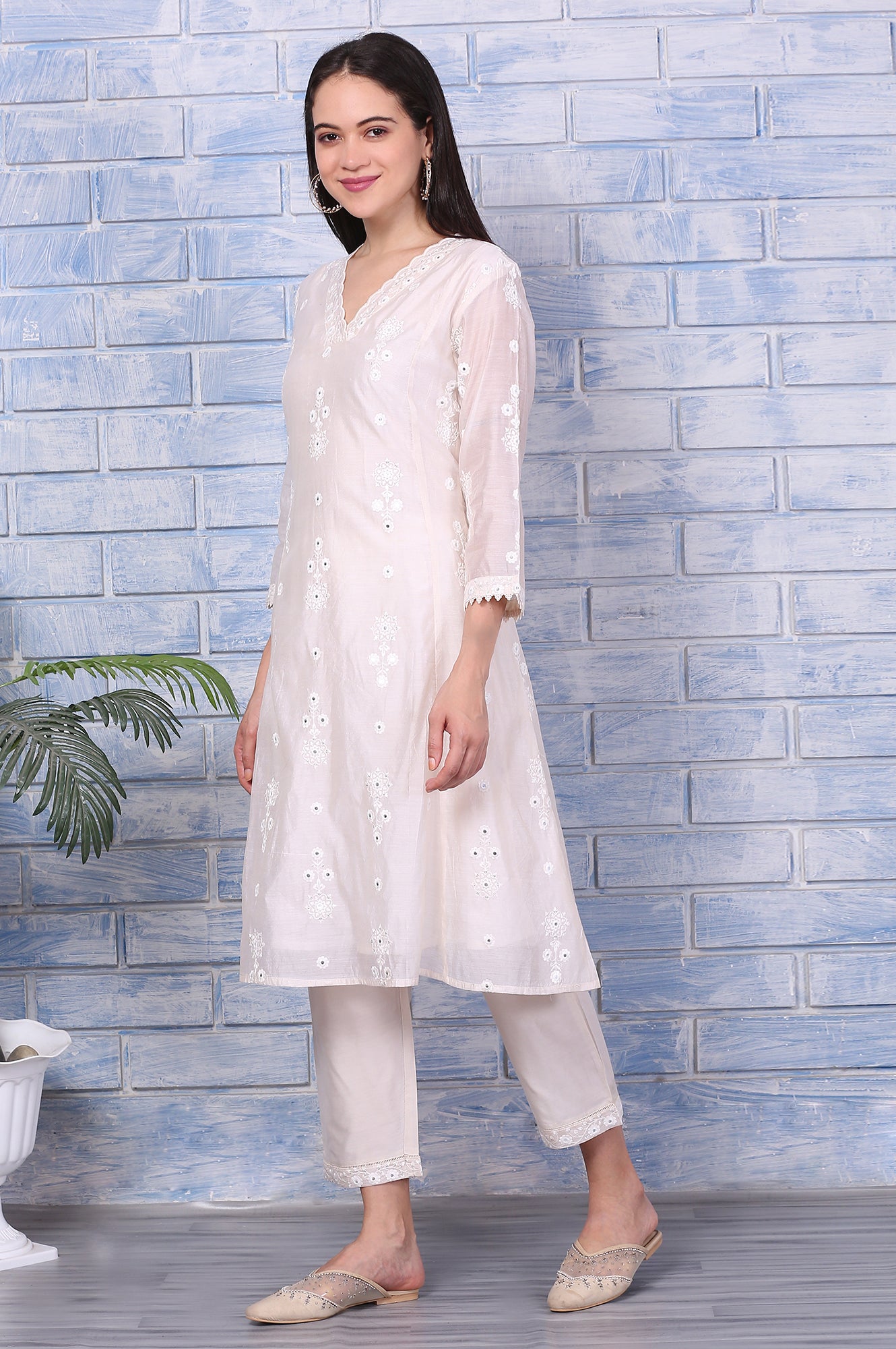 Cream Mirror Work Embroidered Chanderi Flared Kurta, Pants and Dupatta Set