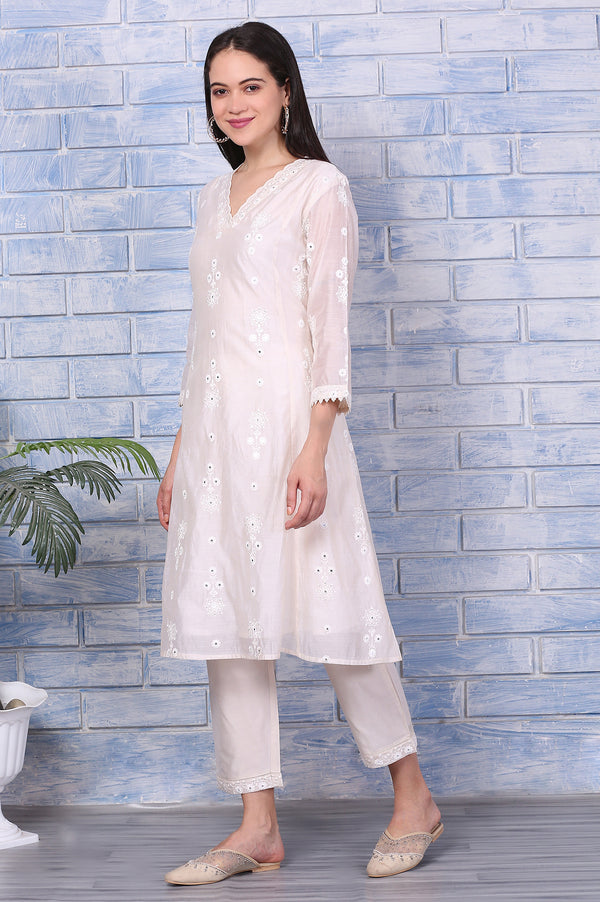 Cream Mirror Work Embroidered Chanderi Flared Kurta, Pants and Dupatta Set