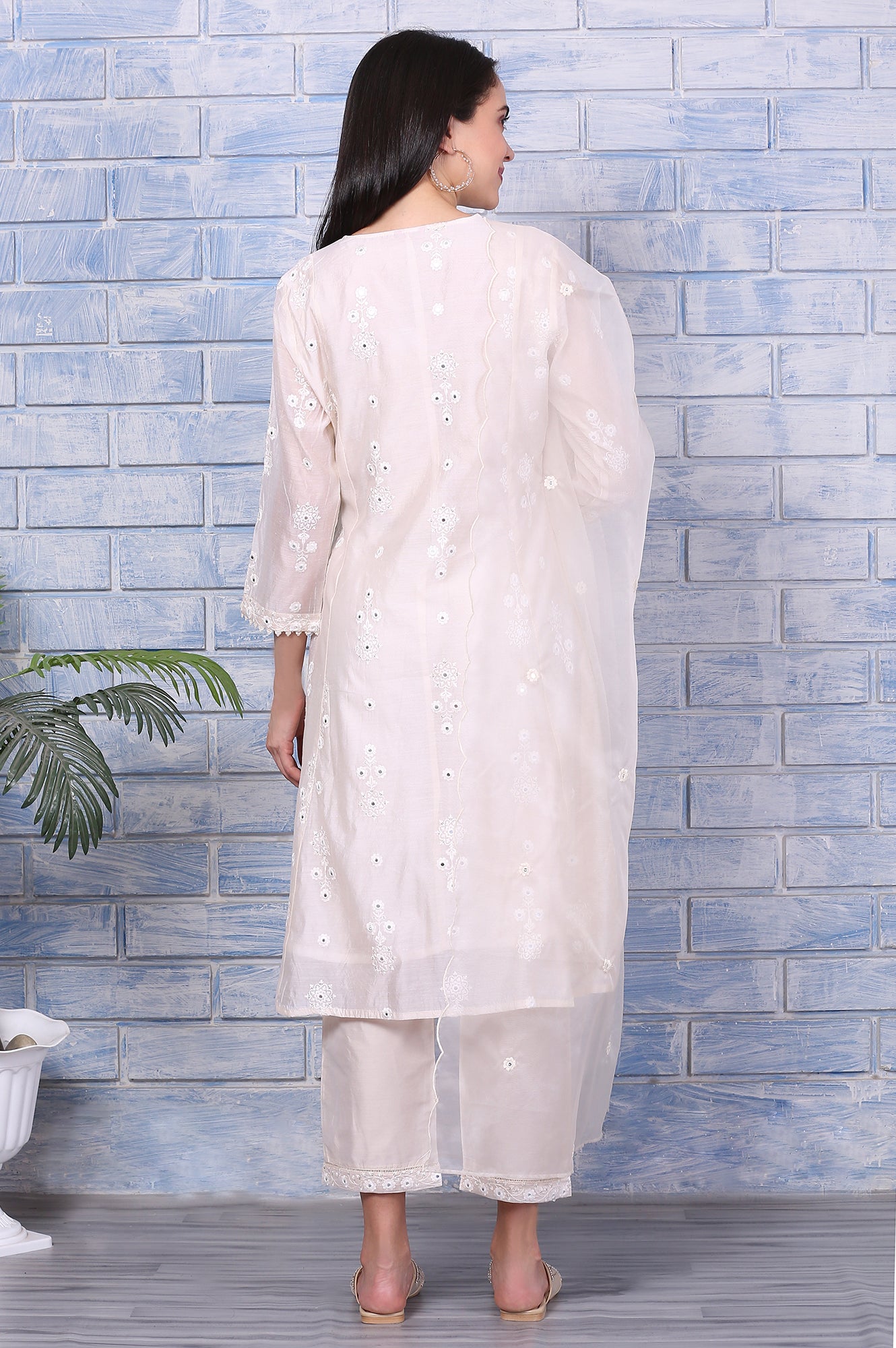Cream Mirror Work Embroidered Chanderi Flared Kurta, Pants and Dupatta Set