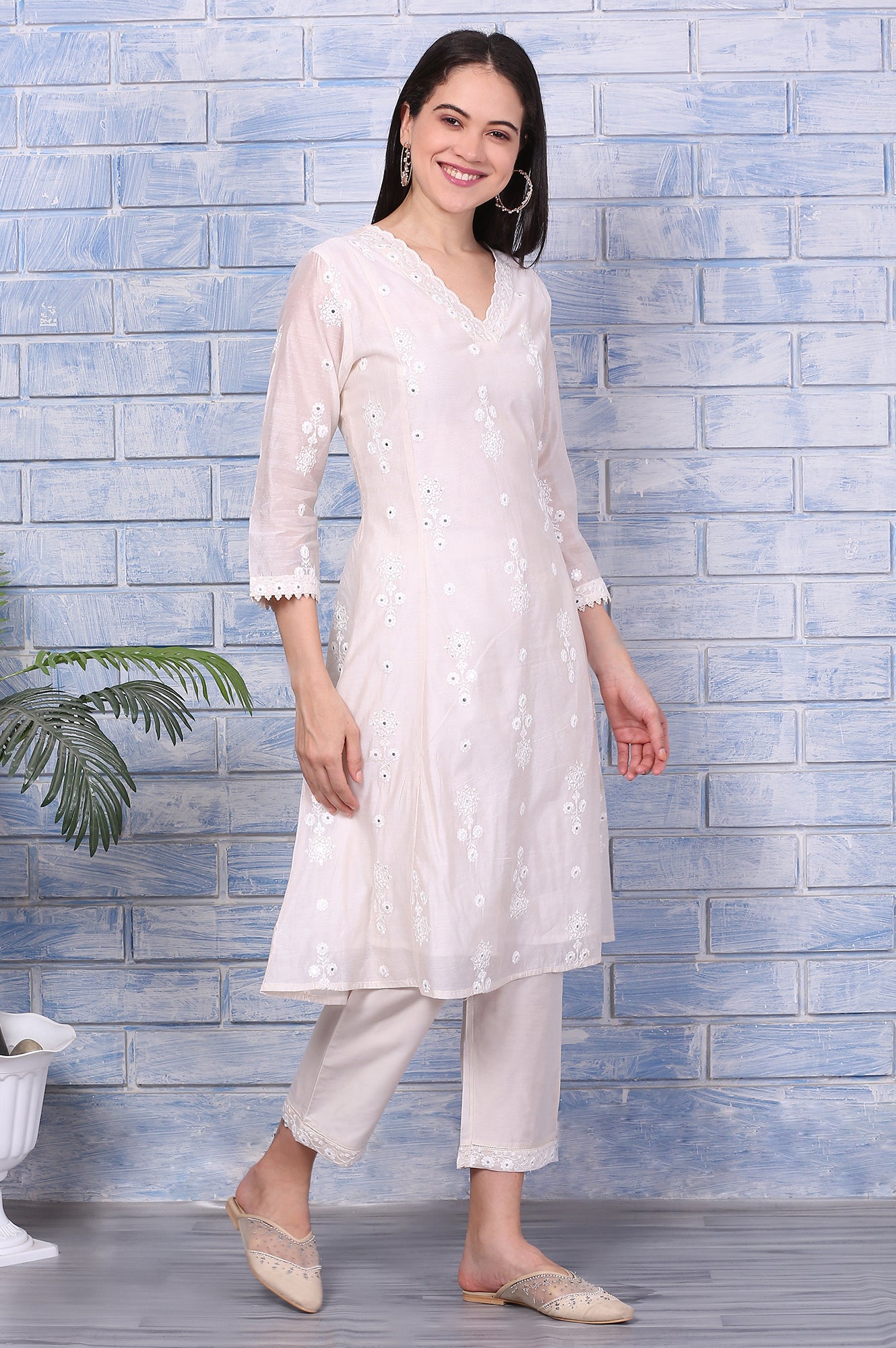 Cream Mirror Work Embroidered Chanderi Flared Kurta, Pants and Dupatta Set
