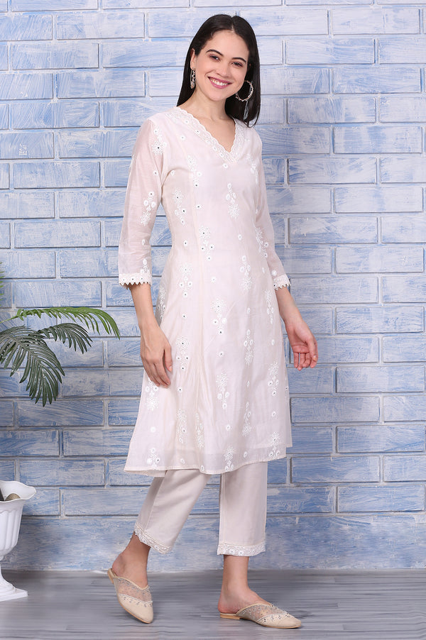 Cream Mirror Work Embroidered Chanderi Flared Kurta, Pants and Dupatta Set