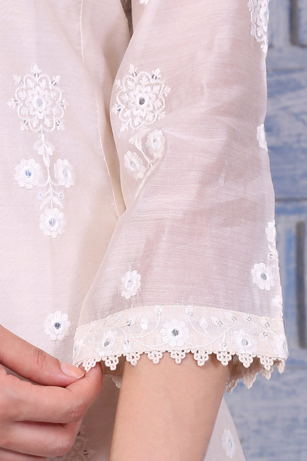 Cream Mirror Work Embroidered Chanderi Flared Kurta, Pants and Dupatta Set