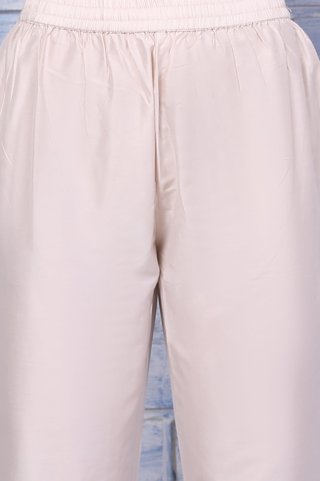 Cream Mirror Work Embroidered Chanderi Flared Kurta, Pants and Dupatta Set