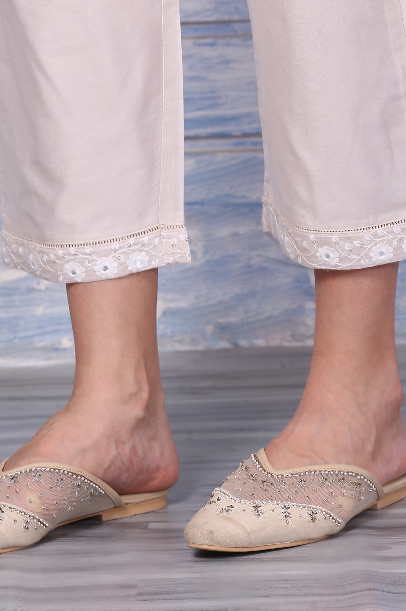 Cream Mirror Work Embroidered Chanderi Flared Kurta, Pants and Dupatta Set