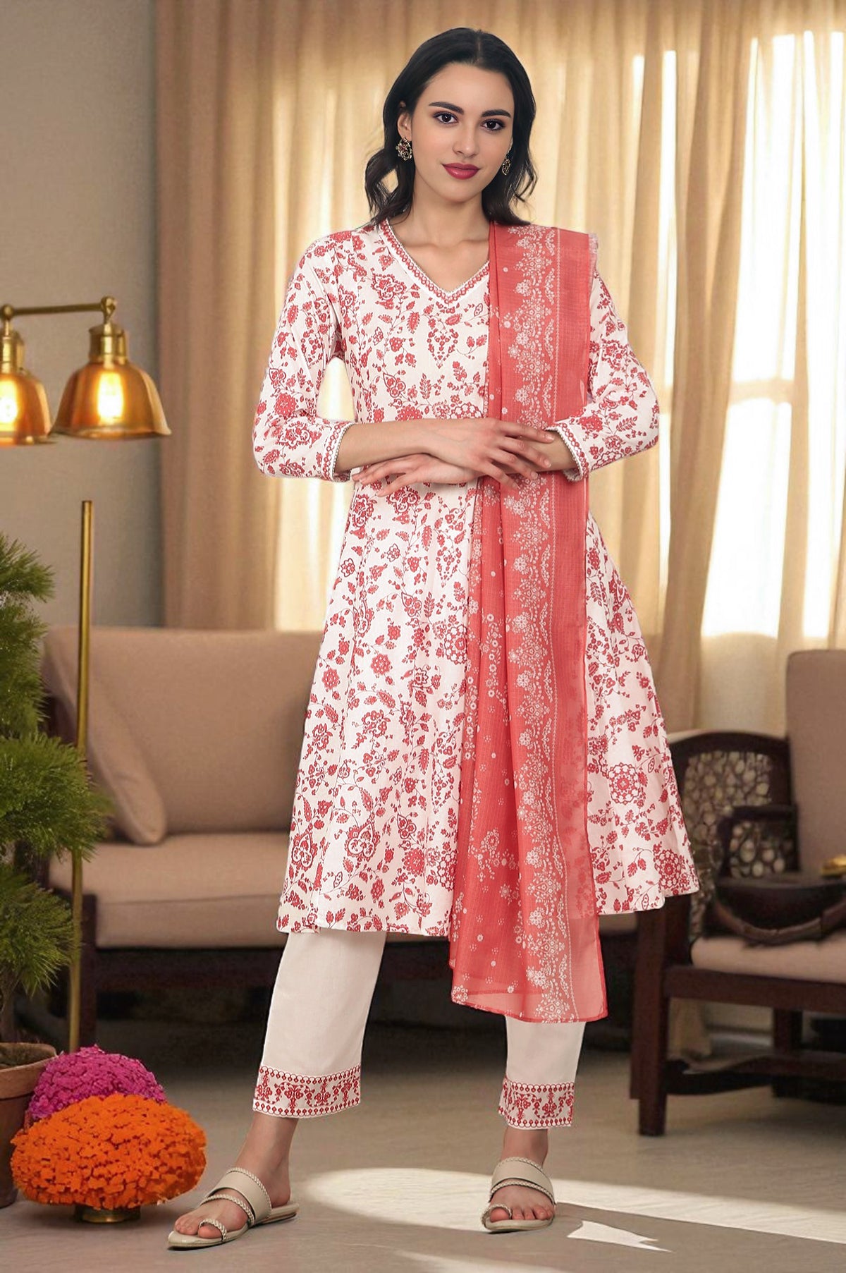 White and Orange Floral Printed Pure Cotton Flared Kurta, Pants and Dupatta Set - XS