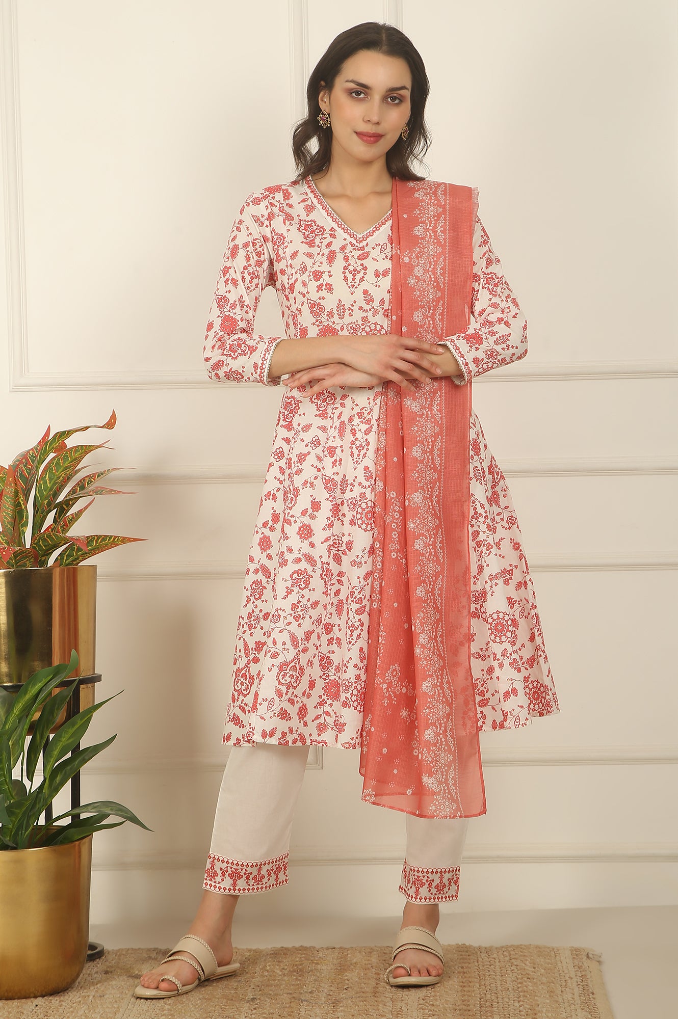 White and Orange Floral Printed Pure Cotton Flared Kurta, Pants and Dupatta Set
