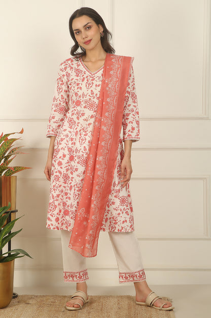 White and Orange Floral Printed Pure Cotton Flared Kurta, Pants and Dupatta Set