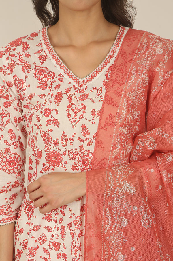 White and Orange Floral Printed Pure Cotton Flared Kurta, Pants and Dupatta Set