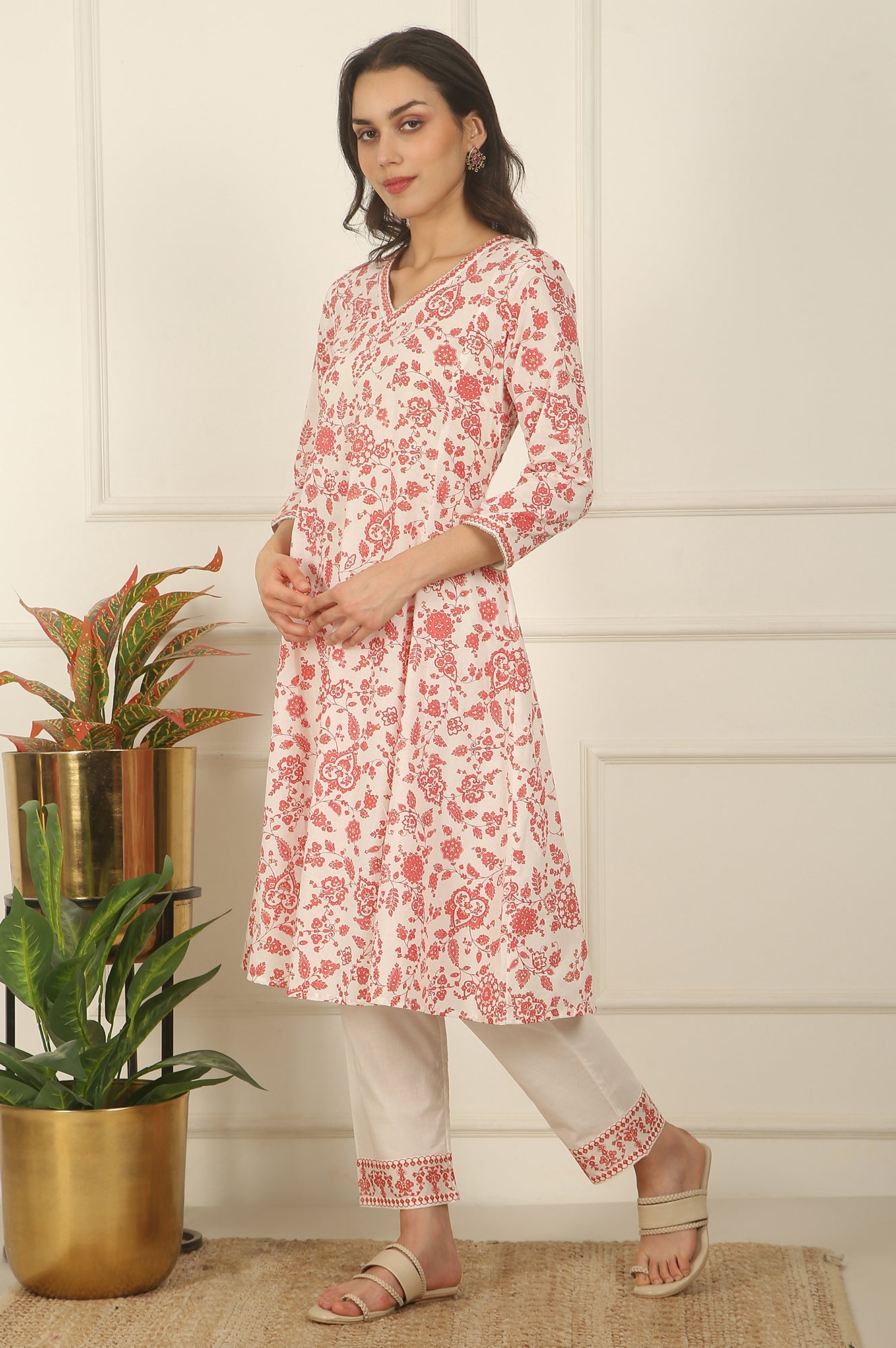 White and Orange Floral Printed Pure Cotton Flared Kurta, Pants and Dupatta Set