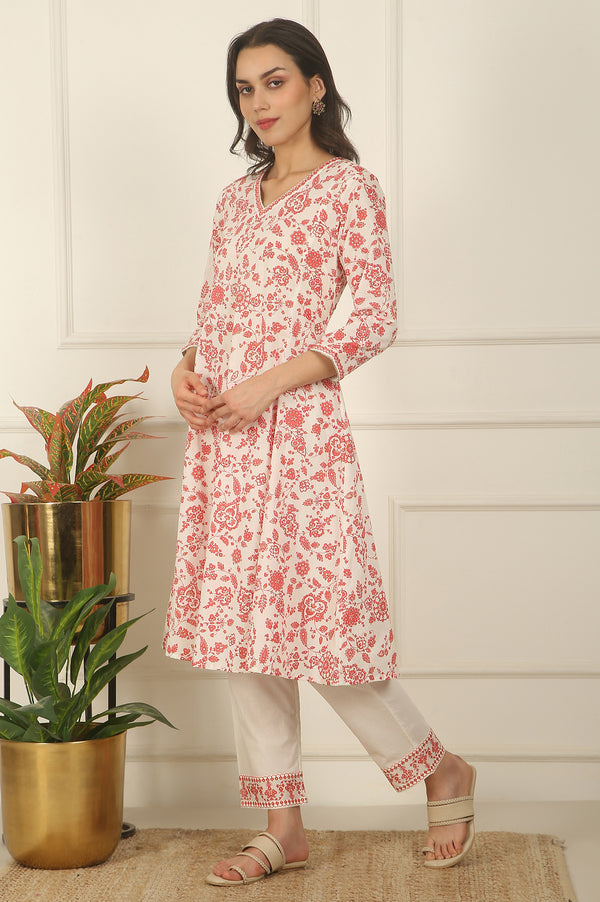 White and Orange Floral Printed Pure Cotton Flared Kurta, Pants and Dupatta Set