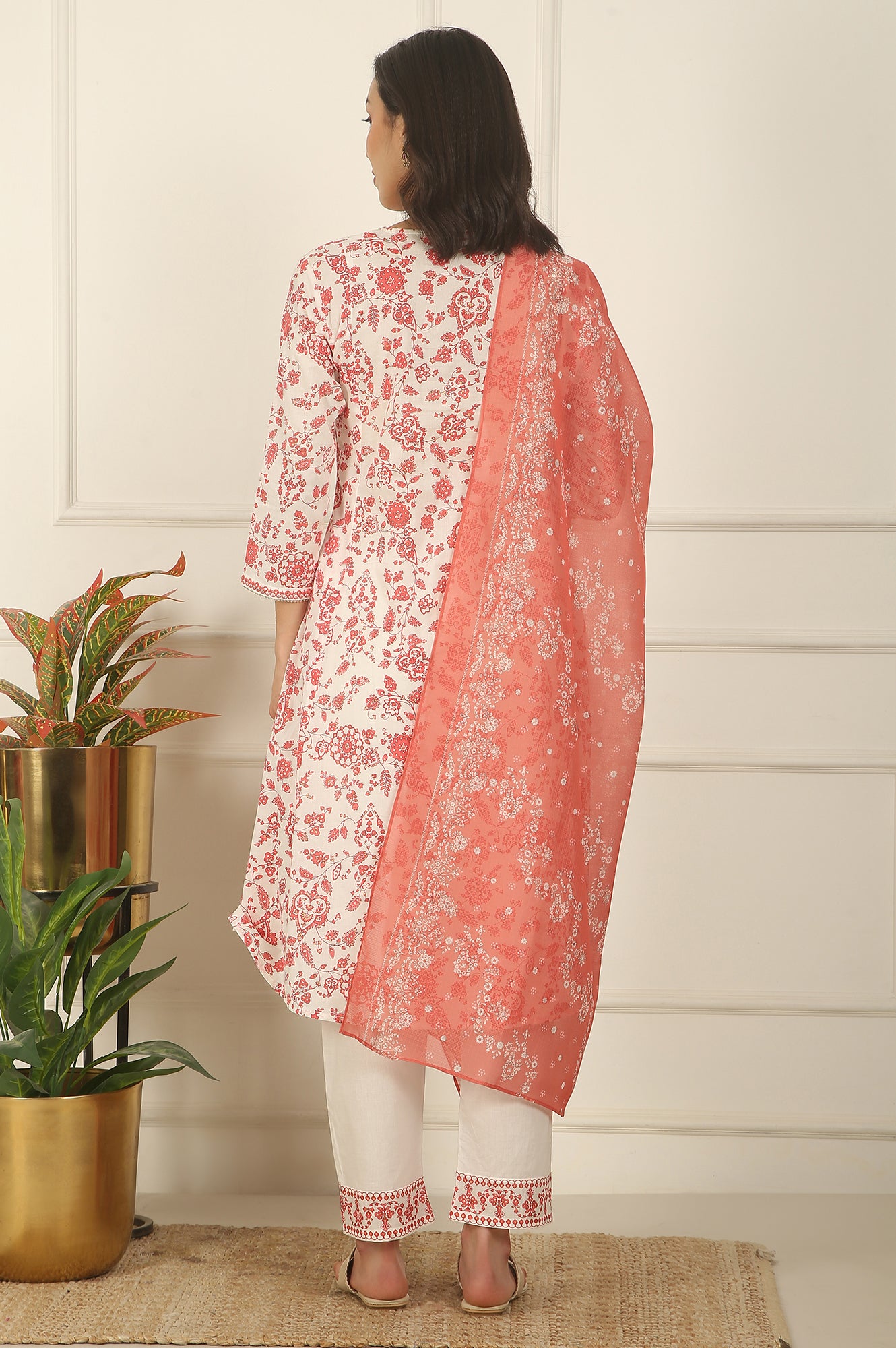 White and Orange Floral Printed Pure Cotton Flared Kurta, Pants and Dupatta Set