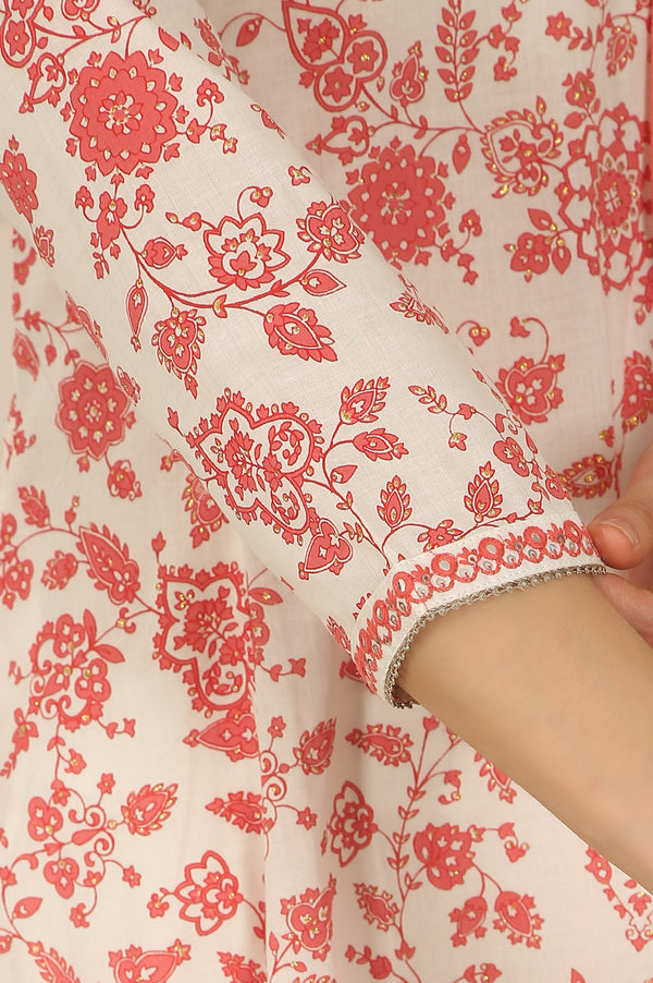White and Orange Floral Printed Pure Cotton Flared Kurta, Pants and Dupatta Set