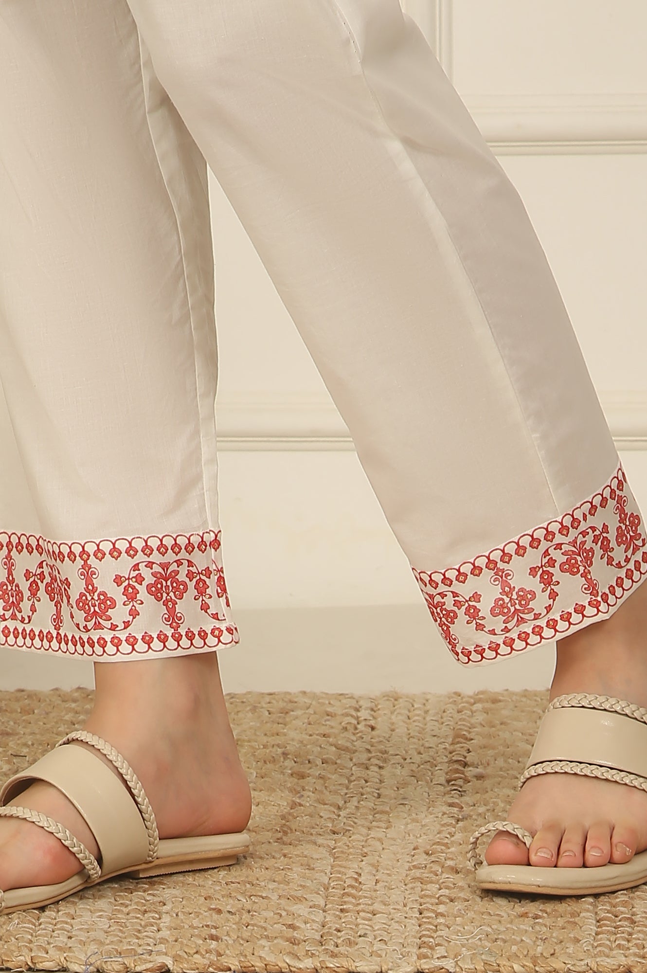 White and Orange Floral Printed Pure Cotton Flared Kurta, Pants and Dupatta Set