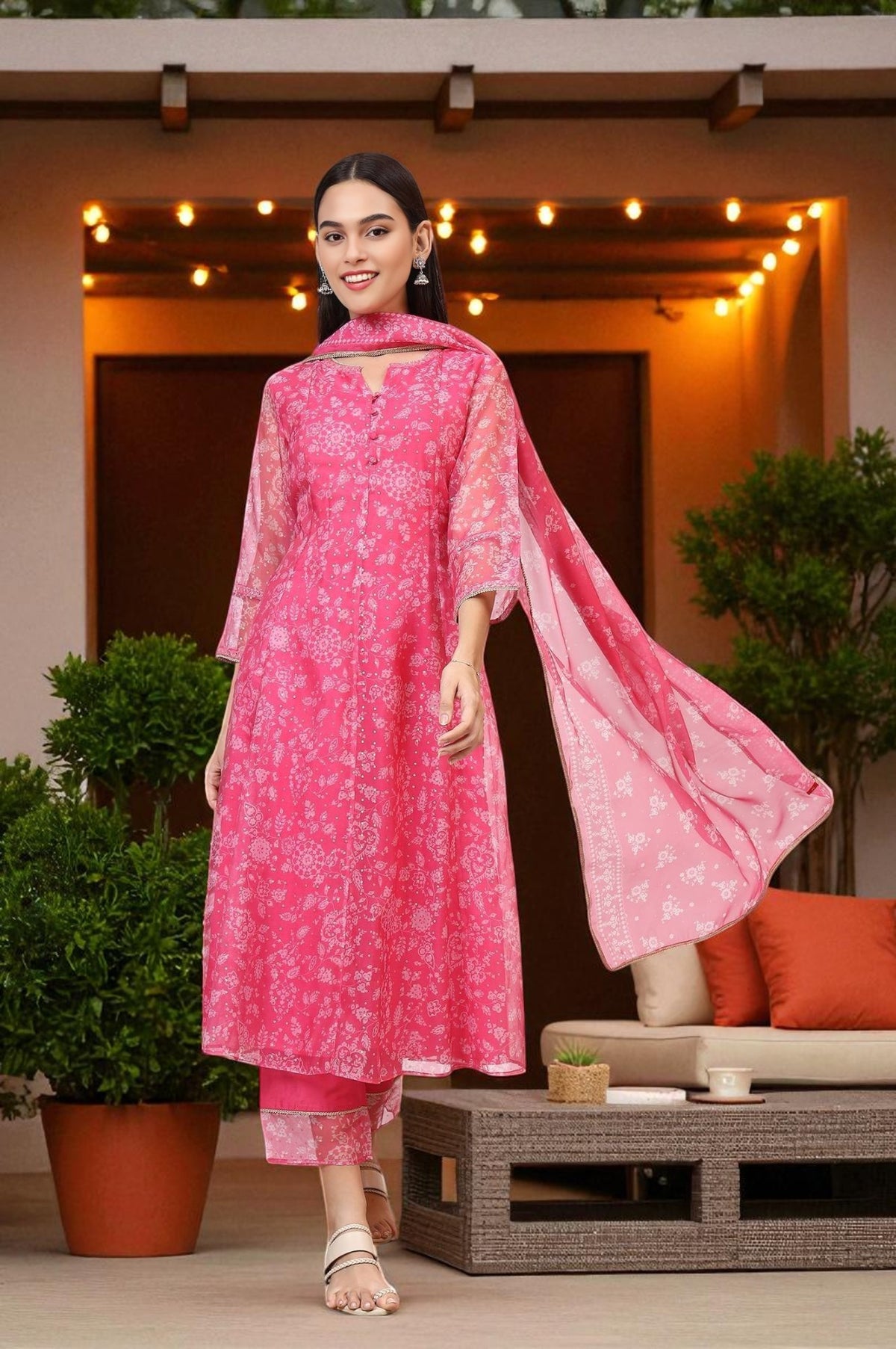 Pink Printed Organza A-line Kurta, Pants and Dupatta Set - XS