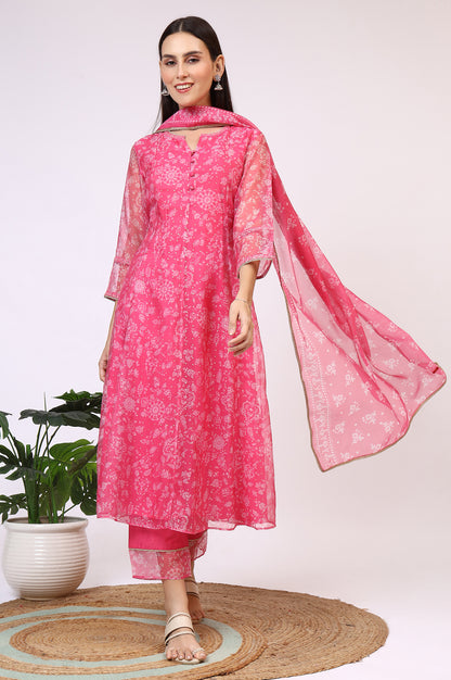 Pink Printed Organza A-line Kurta, Pants and Dupatta Set
