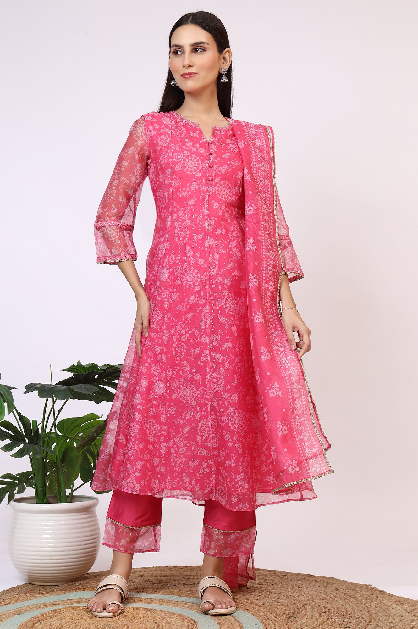 Pink Printed Organza A-line Kurta, Pants and Dupatta Set