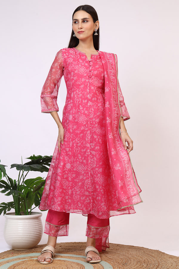 Pink Printed Organza A-line Kurta, Pants and Dupatta Set