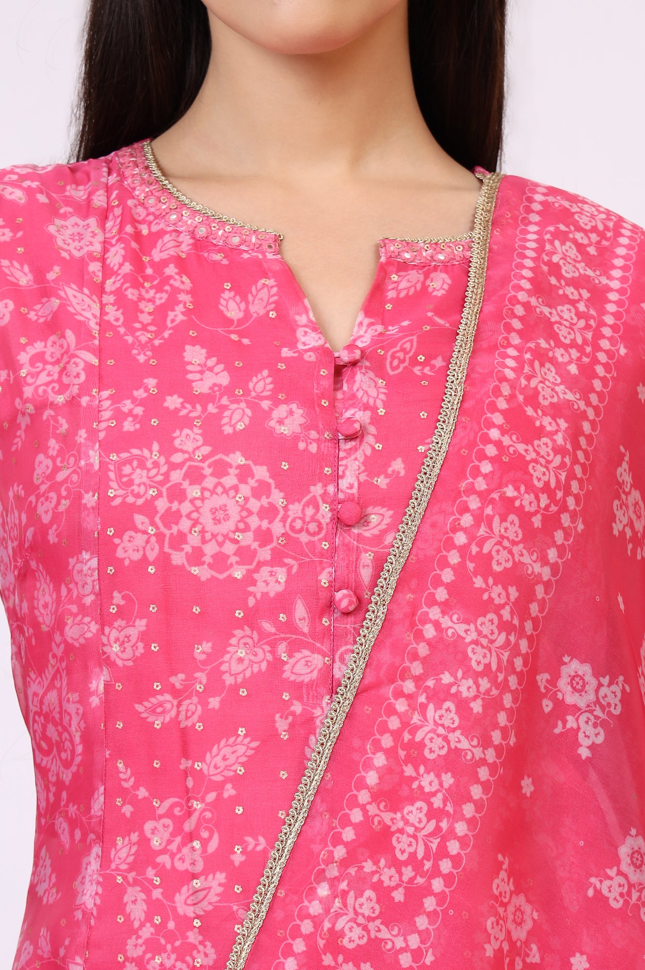 Pink Printed Organza A-line Kurta, Pants and Dupatta Set