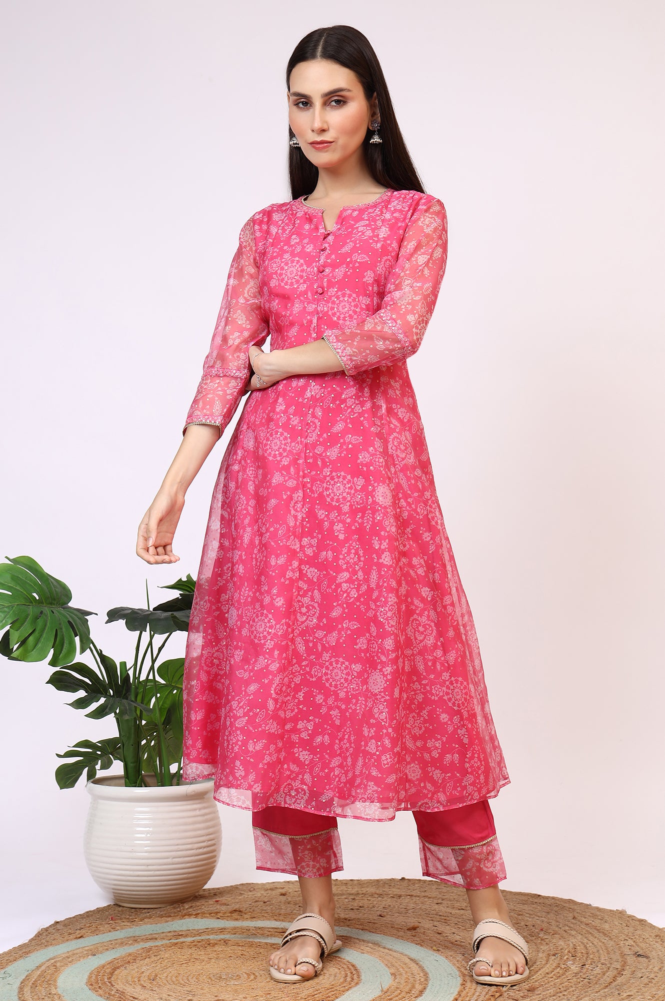 Pink Printed Organza A-line Kurta, Pants and Dupatta Set