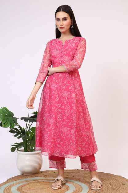 Pink Printed Organza A-line Kurta, Pants and Dupatta Set