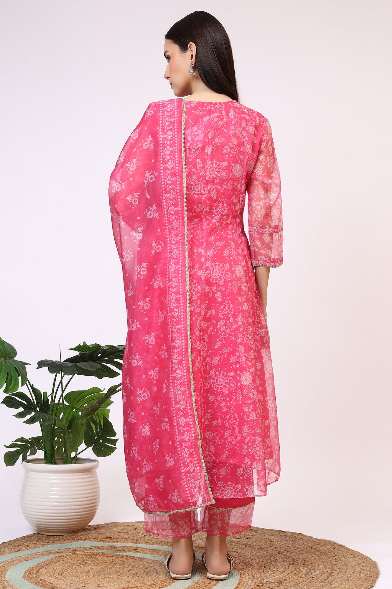 Pink Printed Organza A-line Kurta, Pants and Dupatta Set