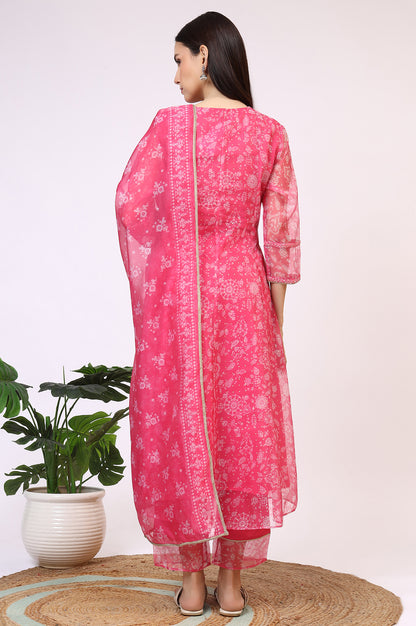 Pink Printed Organza A-line Kurta, Pants and Dupatta Set