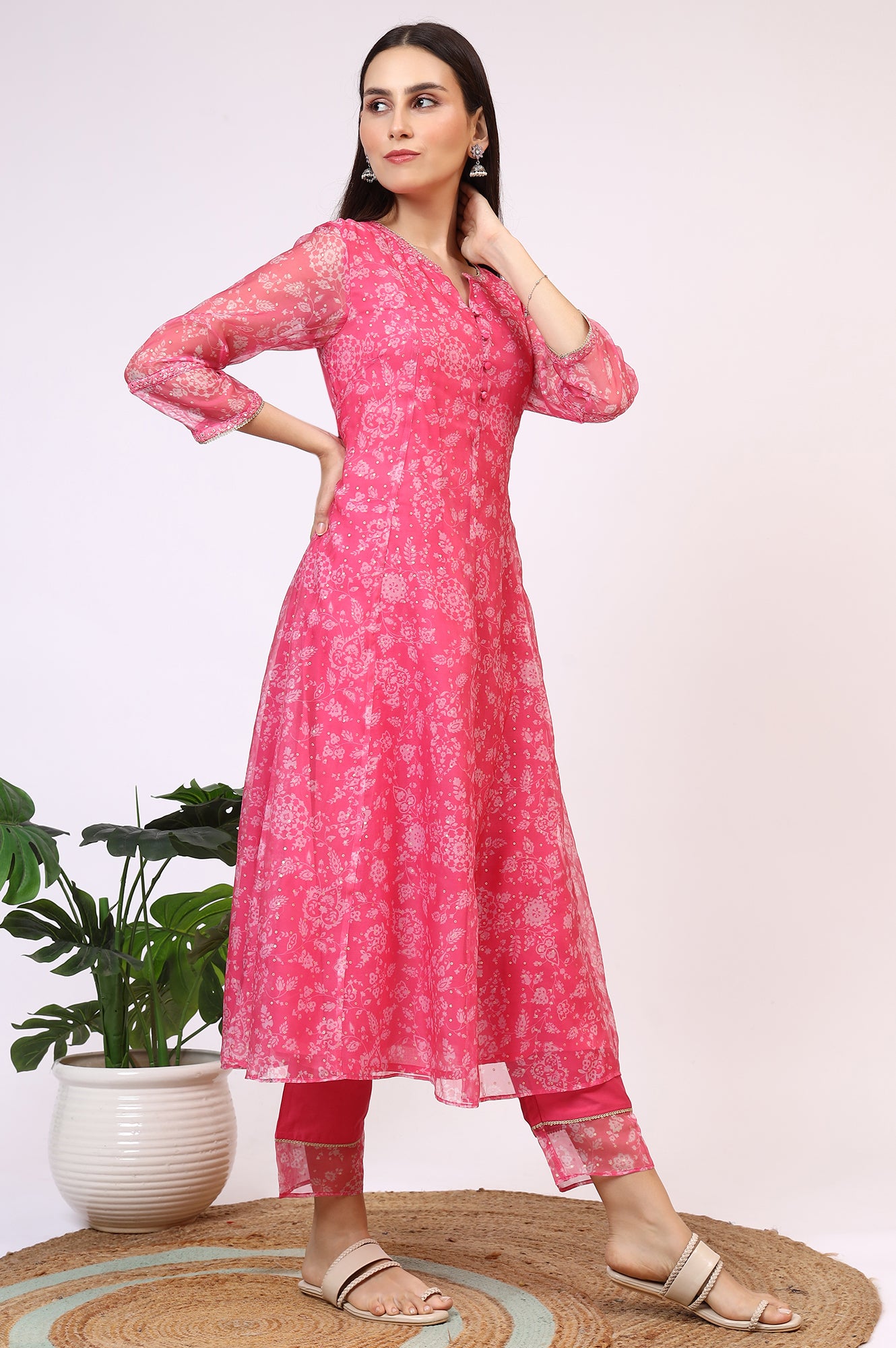 Pink Printed Organza A-line Kurta, Pants and Dupatta Set