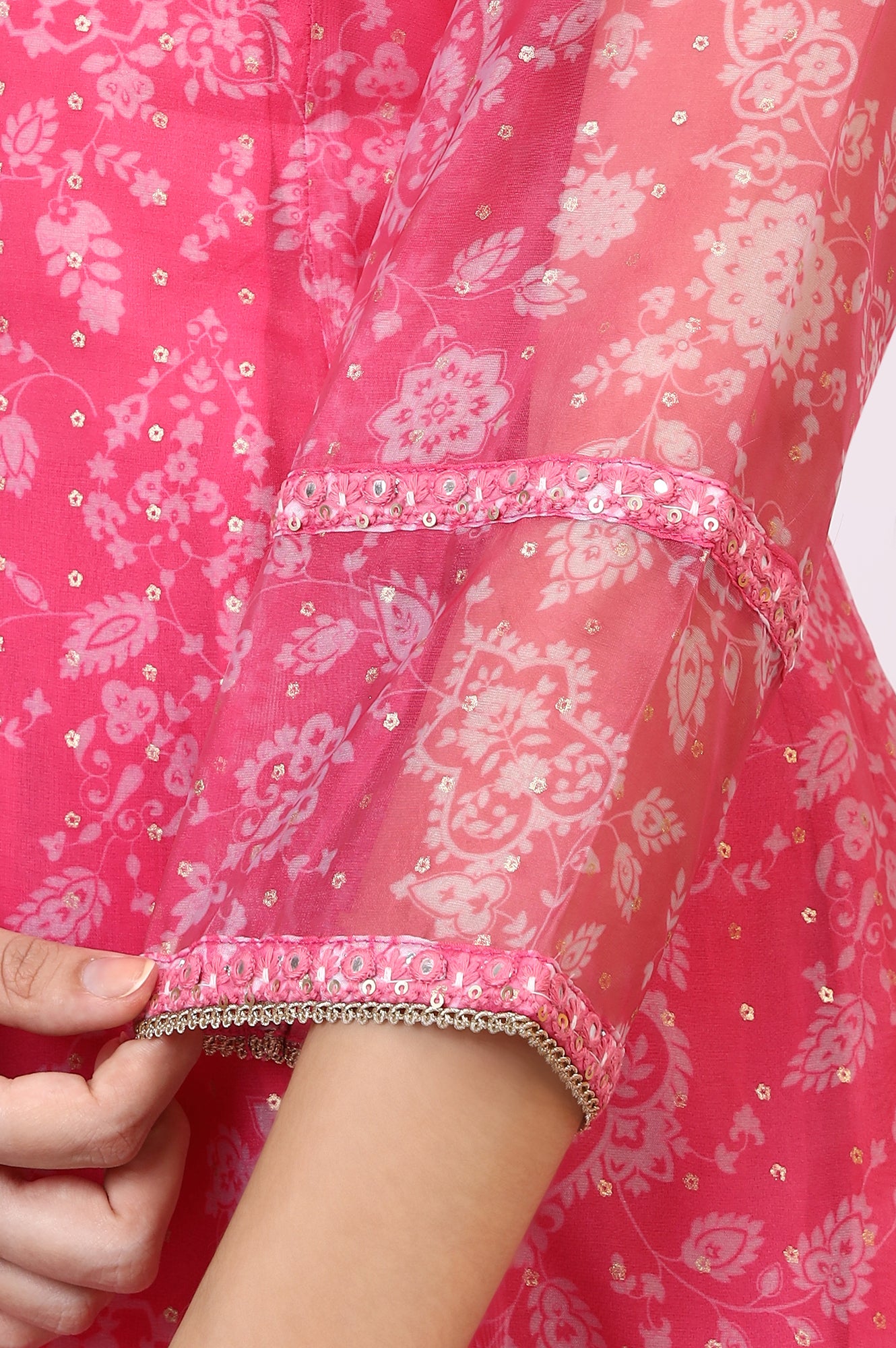 Pink Printed Organza A-line Kurta, Pants and Dupatta Set