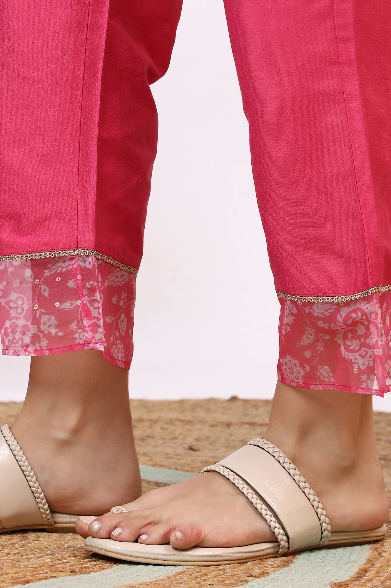 Pink Printed Organza A-line Kurta, Pants and Dupatta Set