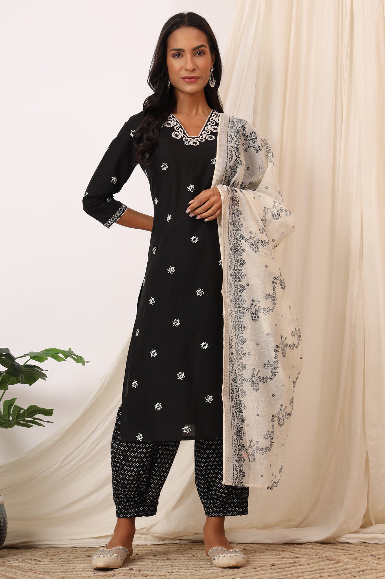 Black Bandhani Printed Pure Cotton Kurta, Pants and Dupatta Set