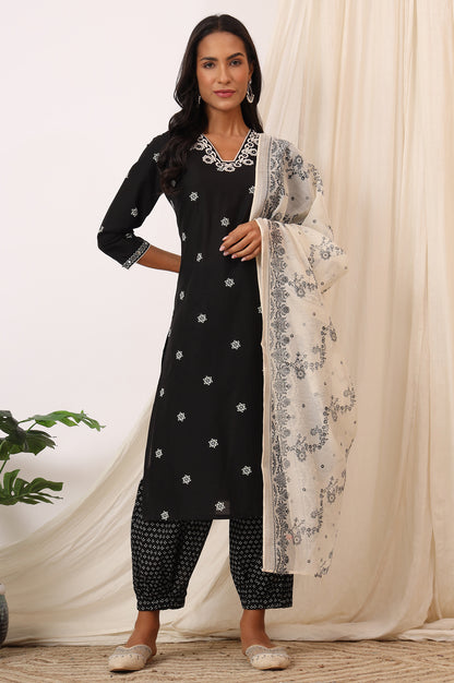 Black Bandhani Printed Pure Cotton Kurta, Pants and Dupatta Set