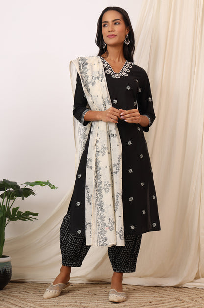 Black Bandhani Printed Pure Cotton Kurta, Pants and Dupatta Set