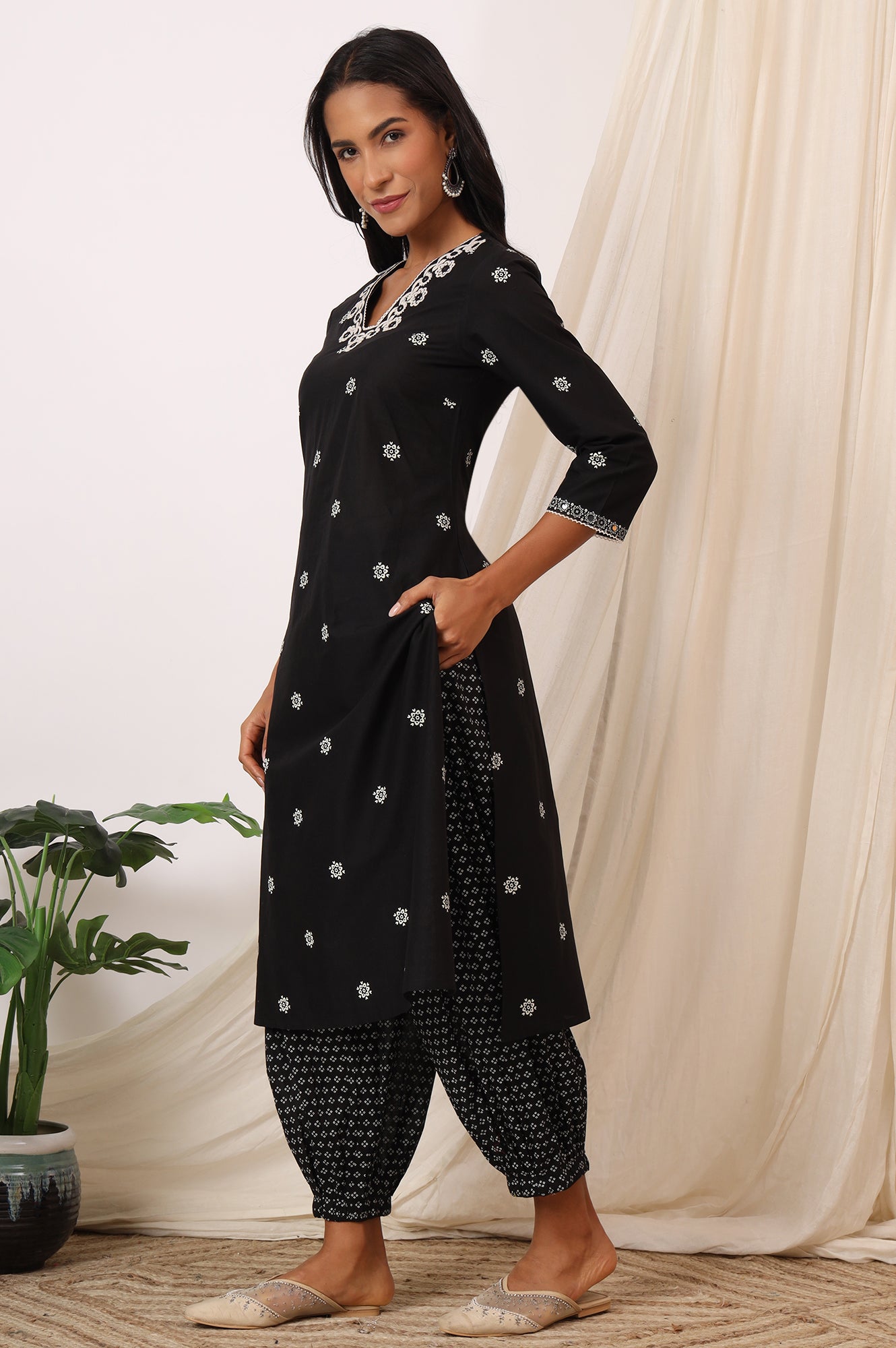 Black Bandhani Printed Pure Cotton Kurta, Pants and Dupatta Set